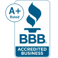 A BBB Accredited business blue text on label