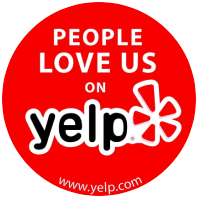 People love us on yelp text on a red label